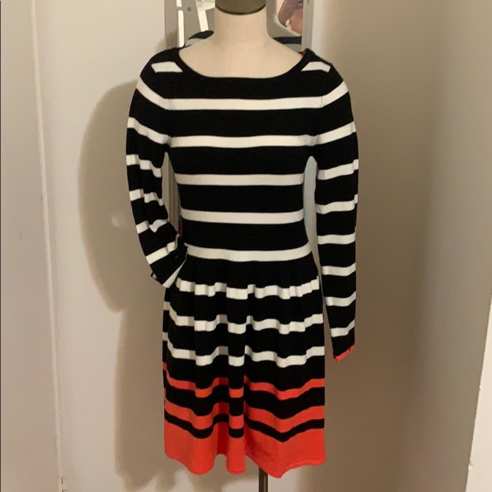 Eliza J Knitted Striped Dress, Black and White, Long Sleeves